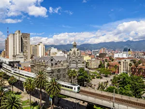 Aburra Valley Gallery: City Center Skyline with Metro Line and Rafael Uribe Uribe Palace of Culture, elevated