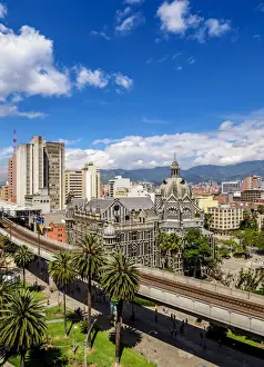 City Center Skyline with Metro Line and Rafael Uribe Uribe Palace of Culture, elevated