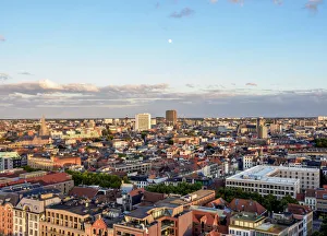Antwerpen Prints: City Center Skyline at sunset, elevated view, Antwerp, Belgium