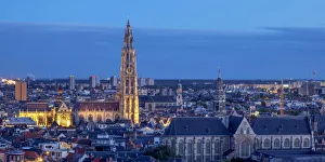 City Center Skyline at twilight, elevated view, Antwerp, Belgium
