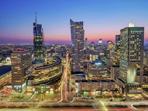 City Centre Skyline at dusk, elevated view, Warsaw, Masovian Voivodeship, Poland