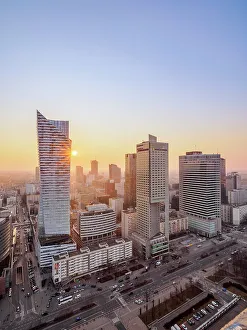 Mazovia Province Prints: City Centre Skyline at sunset, elevated view, Warsaw, Masovian Voivodeship, Poland