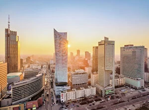 Images Dated 10th May 2023: City Centre Skyline at sunset, elevated view, Warsaw, Masovian Voivodeship, Poland