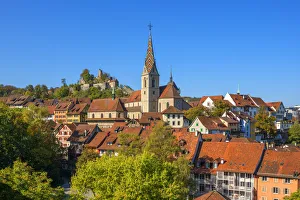 City church of Baden with Stein castle, Aargau, Switzerland