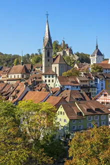 City church of Baden with Stein castle, Aargau, Switzerland