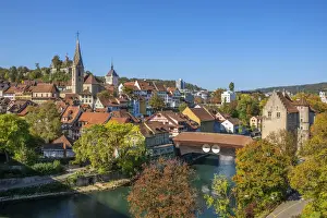 City church of Baden with Stein castle and wooden bridge over the river Limmat, Aargau