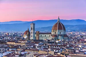 City of Florence seen from Michelangelos square at sunset, Tuscany, Italy, Europe