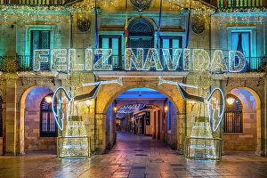 Square Gallery: City Hall adorned with Christmas lights, Oviedo, Asturias, Spain