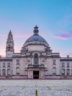 Dome Prints: City Hall at dusk, low angle view, Cardiff, Wales, United Kingdom