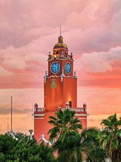 Clock Prints: City Hall Tower at sunset, elevated view, Plaza Grande, Merida, Yucatan State, Mexico