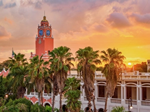 Clock Prints: City Hall Tower at sunset, elevated view, Plaza Grande, Merida, Yucatan State, Mexico