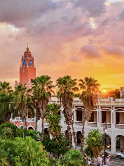 Clock Prints: City Hall Tower at sunset, elevated view, Plaza Grande, Merida, Yucatan State, Mexico