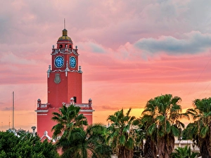 Clock Prints: City Hall Tower at sunset, elevated view, Plaza Grande, Merida, Yucatan State, Mexico