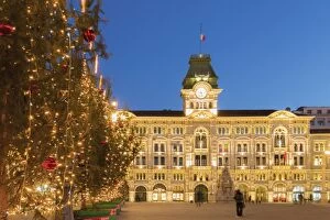 Square Gallery: The city hall in Unita d Italia square in Trieste in Christmas time at dusk. Trieste city
