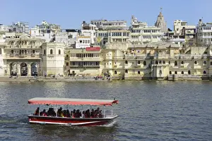 Tour Boat Prints: City and lake Pichola, Udaipur, Rajasthan, India, Asia