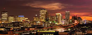 Panorama Prints: City panorama at dusk, Boston, Massachusetts, USA