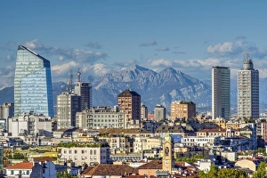 City skyline with the Alps in the background, Milan, Lombardy, Italy