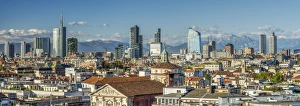 City Center Prints: City skyline with the Alps in the background, Milan, Lombardy, Italy