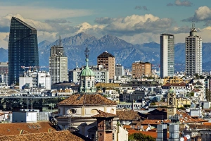 City skyline with the Alps in the background, Milan, Lombardy, Italy