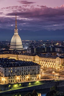 City skyline at dusk, Turin, Piedmont, Italy