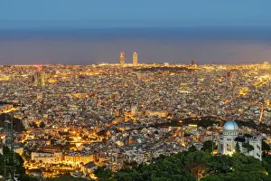 Astronomical Observatory Prints: City skyline with Fabra astronomical observatory at twilight, Barcelona, Catalonia, Spain