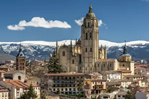 Segovia Prints: City skyline with the Gothic Cathedral and the snowy mountains of Sierra de Guadarrama