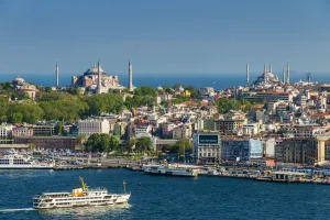 Mosques Prints: City skyline with Hagia Sophia and Sultan Ahmed Mosque or Blue Mosque, Istanbul, Turkey