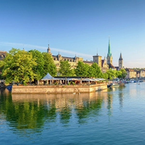 Vessels Prints: City skyline and Limmat River at sunrise, Zurich, Switzerland