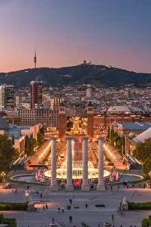 Catalan Prints: City skyline with Montjuic fountain at dusk, Barcelona, Catalonia, Spain