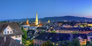 St Peter Church Prints: City skyline from Polyterrase at dusk, Zurich, Switzerland