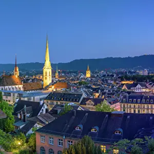 Rooftops Prints: City skyline from Polyterrase at dusk, Zurich, Switzerland