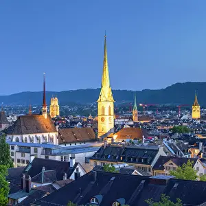 City skyline from Polyterrase at dusk, Zurich, Switzerland