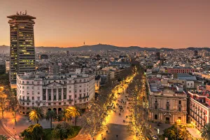 City skyline and Rambla pedestrian mall, Barcelona, Catalonia, Spain
