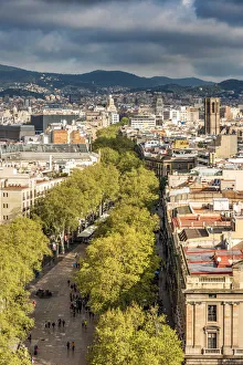 Pedestrian Mall Prints: City skyline and Rambla pedestrian mall, Barcelona, Catalonia, Spain
