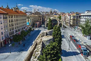 Zaragoza Prints: City skyline with Roman wall and Mercado Central, Zaragoza, Aragon, Spain