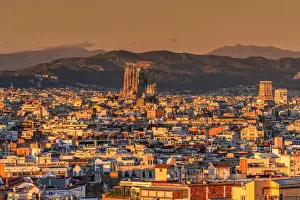 Sagrada Familia Prints: City skyline with Sagrada Familia basilica church at sunset, Barcelona, Catalonia, Spain