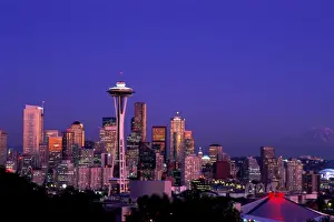 Space Needle Prints: City Skyline & Space Needle / Mount Rainier in Background