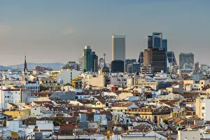 City skyline at sunset with modern financial center behind, Madrid, Comunidad de Madrid