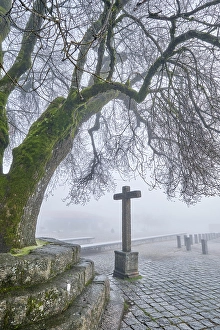 Beira Alta Prints: The city of Trancoso with fog. Beira Alta, Portugal
