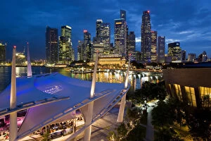 City view at dusk from the roof top promenade of Esplanade Theatres on the Bay, Singapore