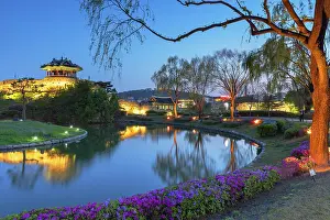 City Walls Prints: City walls and Banghwasuryujeong Pavilion of Hwaseong Fortress (UNESCO World Heritage Site) at dusk