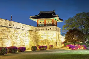 Ancient Monument Prints: City walls and watchtower of Hwaseong Fortress (UNESCO World Heritage Site) at dusk