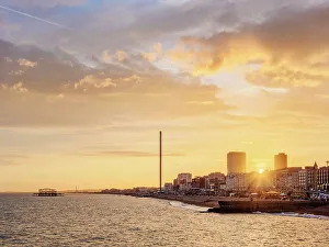 City Waterfront seen from Brighton Palace Pier at sunset, City of Brighton and Hove, East Sussex, England, United Kingdom