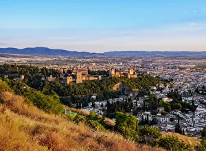 Granada Prints: Cityscape with elevated view of Alhambra, sunset, Granada, Andalusia, Spain