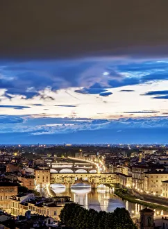 Arno Prints: Cityscape with Ponte Vecchio and Arno River at dusk, Florence, Tuscany, Italy