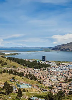 Cityscape of Puno and Lake Titicaca, elevated view, Puno Region, Peru