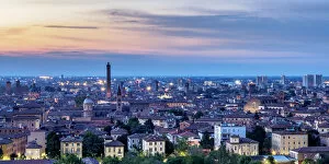 Images Dated 15th July 2019: Cityscape with San Domenico Basilica and Asinelli Tower at dusk, elevated view, Bologna
