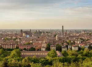 Cityscape with San Domenico Basilica and Asinelli Tower at sunset, elevated view, Bologna