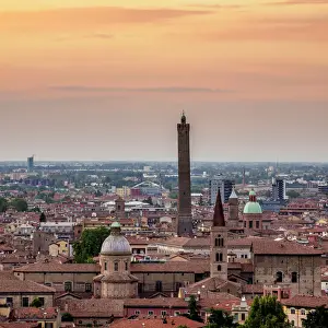 Cityscape with San Domenico Basilica and Asinelli Tower at sunset, elevated view, Bologna