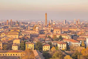 Bologna Prints: Cityscape at sunset of Bologna from San Michele in Bosco church